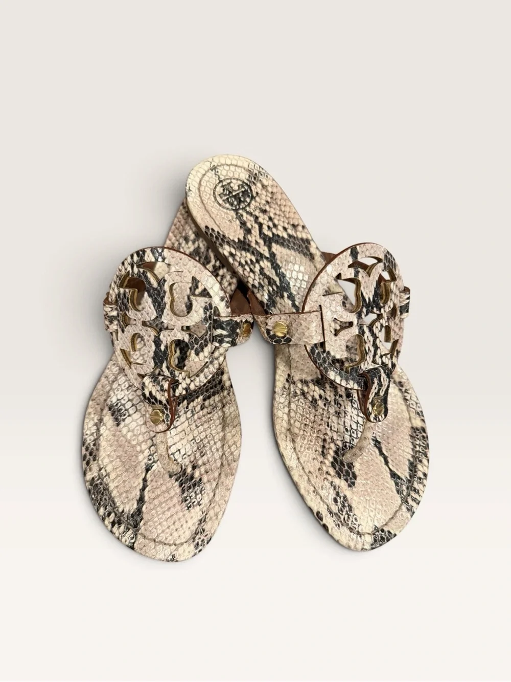 Tory Burch Miller Snakeskin Print Leather Logo Sandals Size 9.5